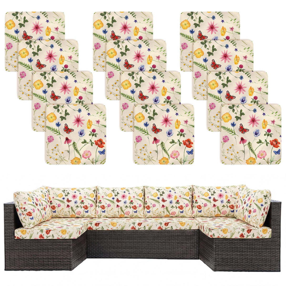 Tiamon floral butterfly stretch cushion covers in beige brighten outdoor seating and protect cushions.