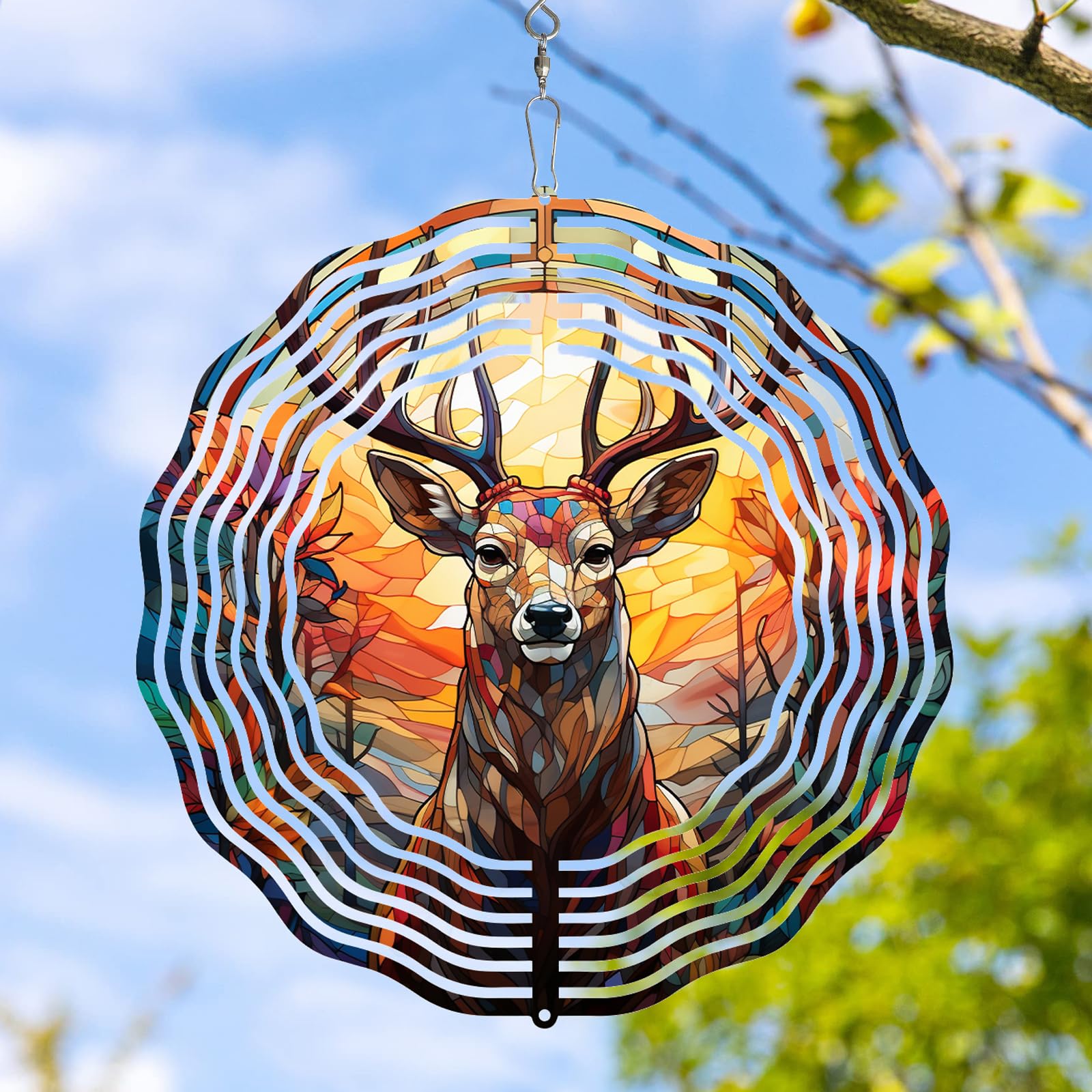 TIANCENTRAL H deer head wind spinner 3D design gleaming in sun, adding outdoor charm.