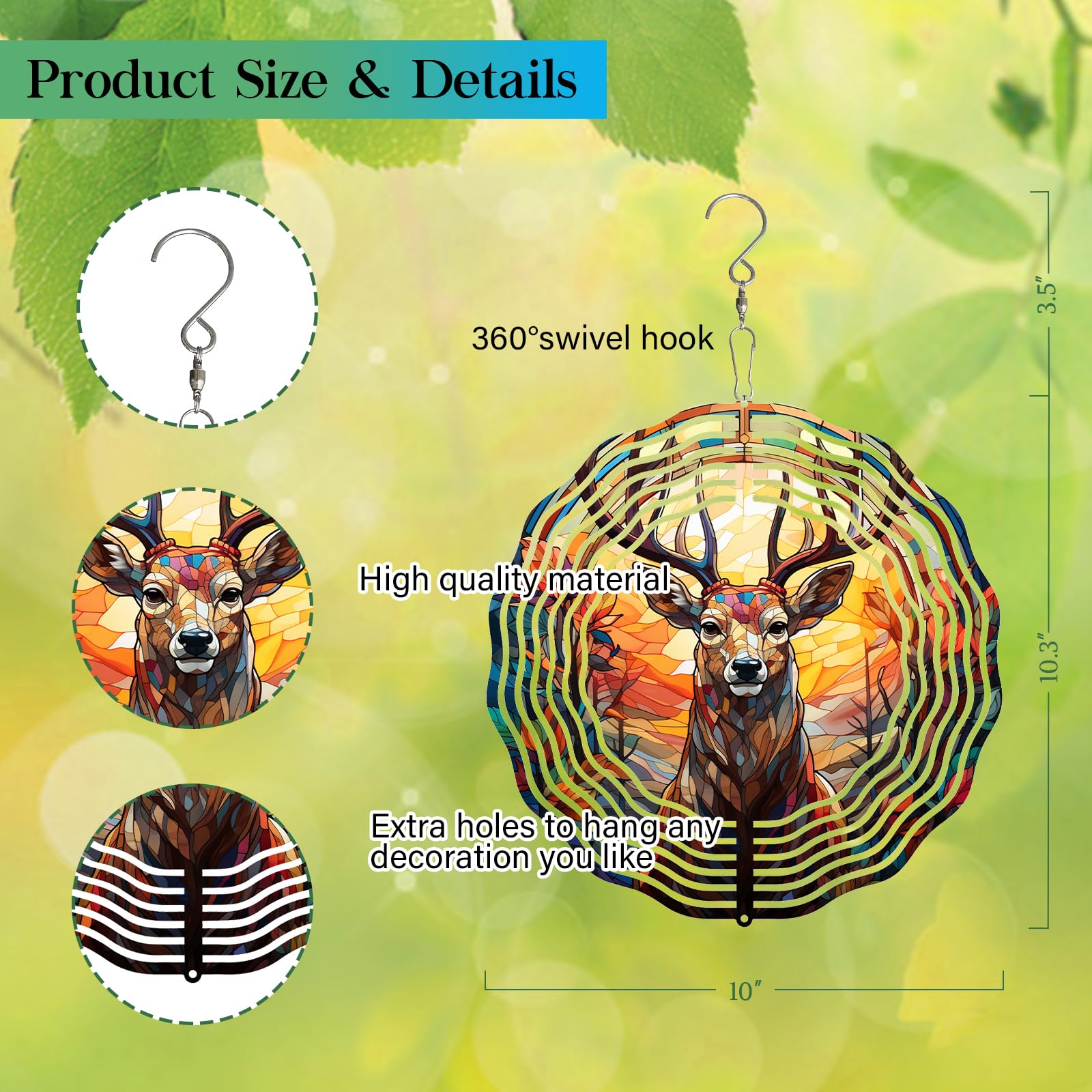 TIANCENTRAL H deer head wind spinner frost print highlights, delivering frosted texture for garden decor.