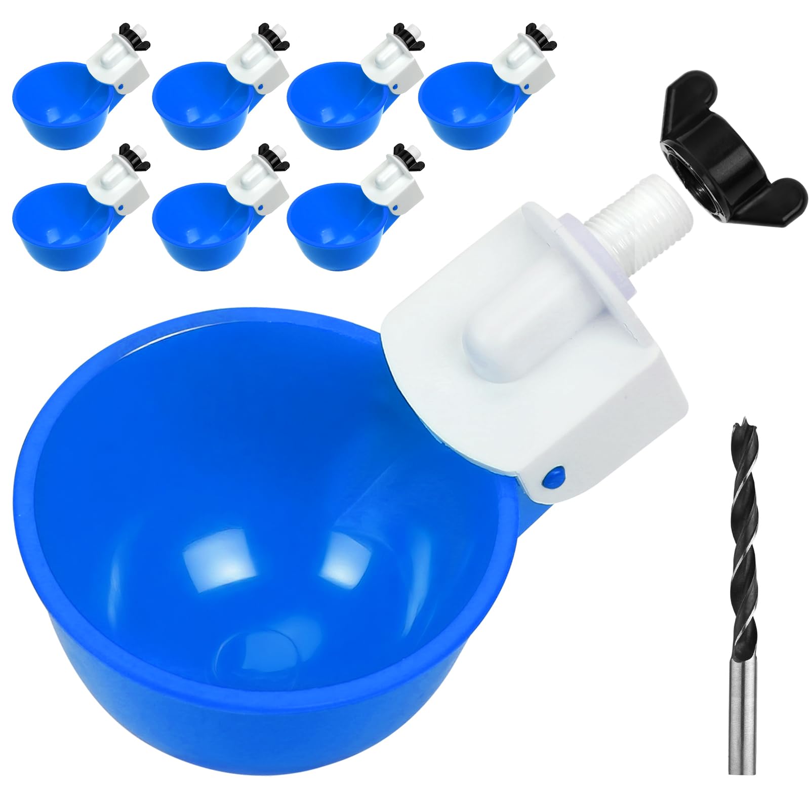Tibaebe chicken waterer cups 8-pack blue, side view for durable poultry hydration