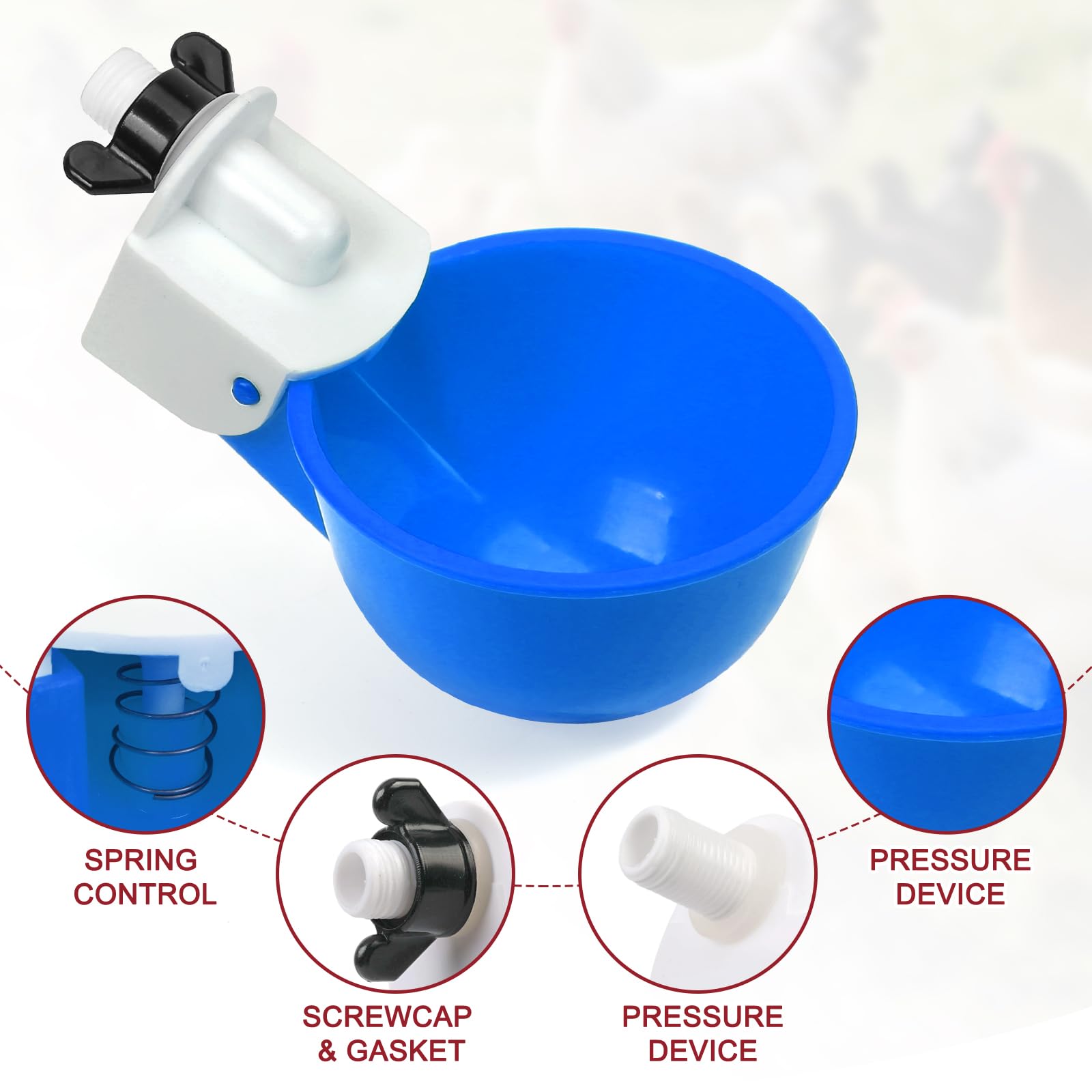 Tibaebe chicken waterer cups blue in use, auto-refill for chicks
