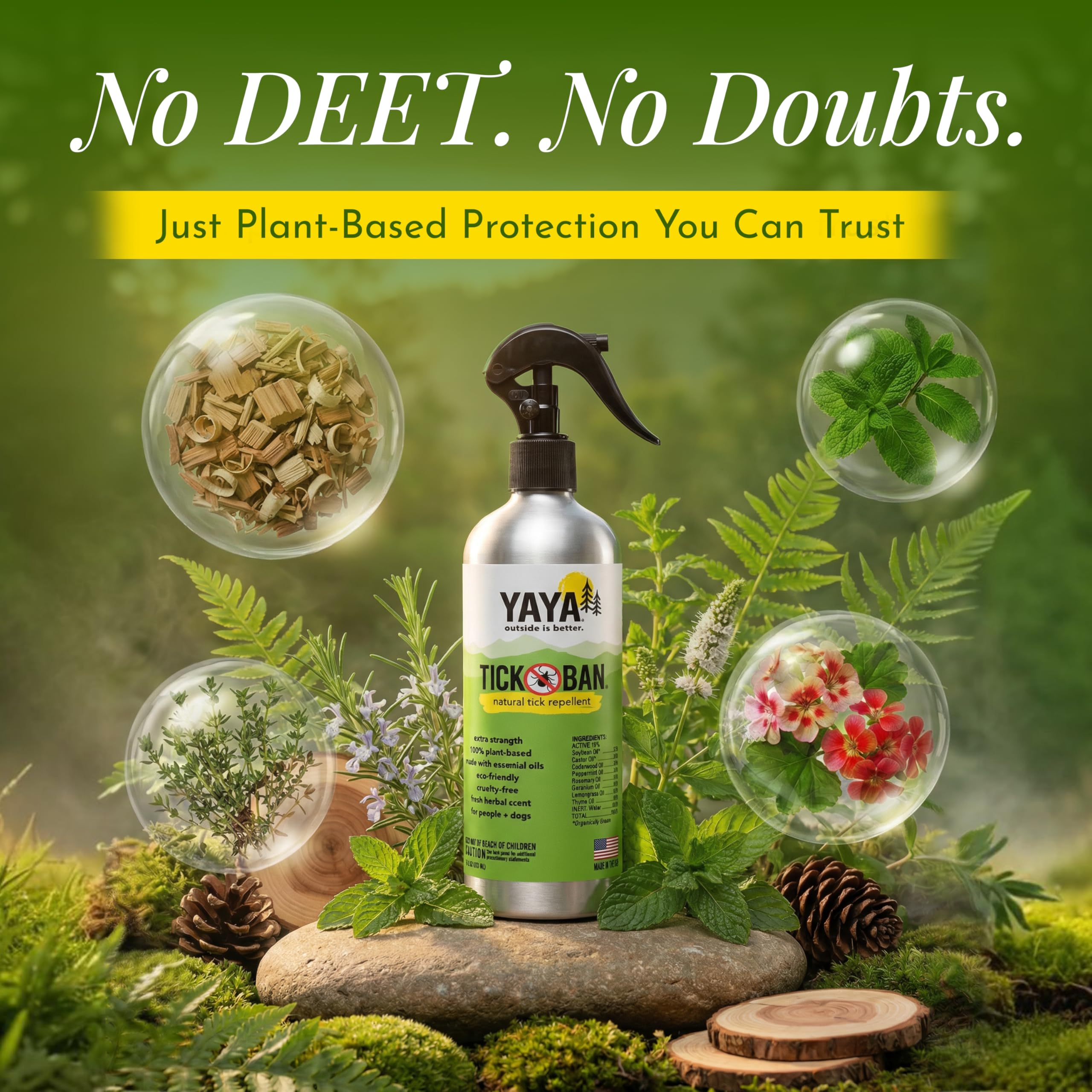 TICK BAN Yaya Organics spray application for skin or gear.