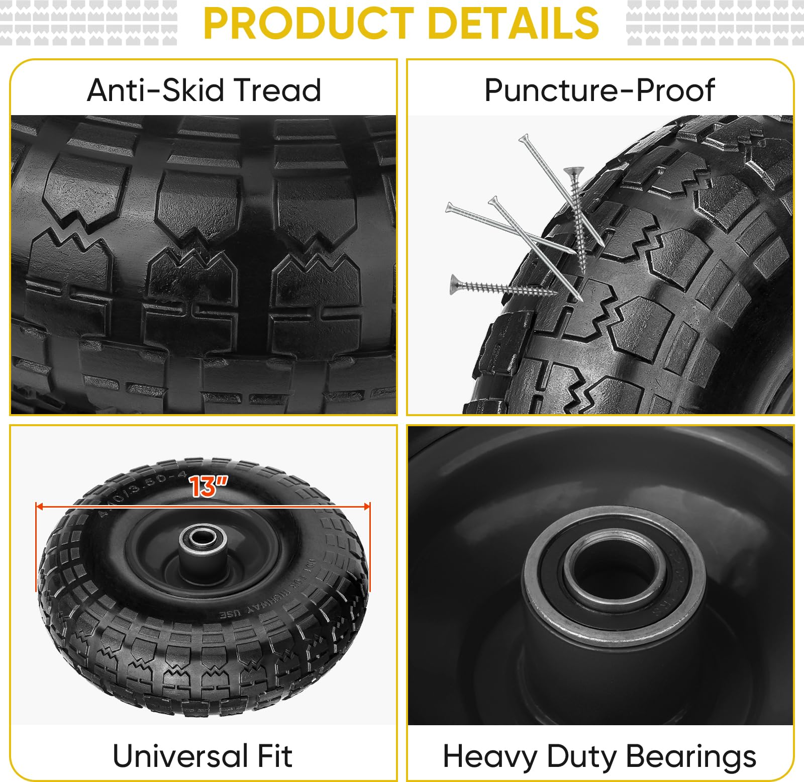 TICONN 4.00-6 solid tire side view, showing profile for stable rolling.