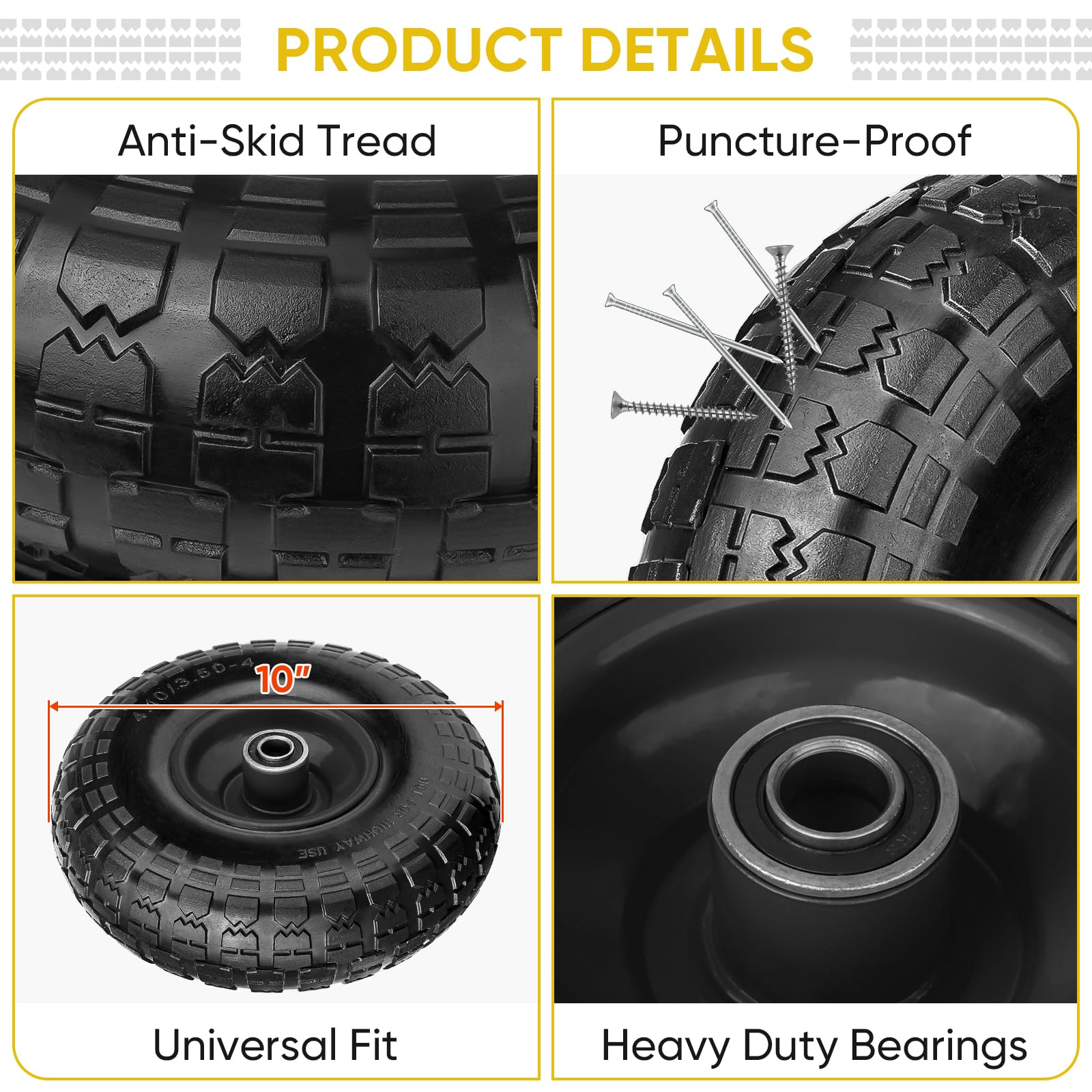TICONN flat-free wheels prevent flats on diverse surfaces.