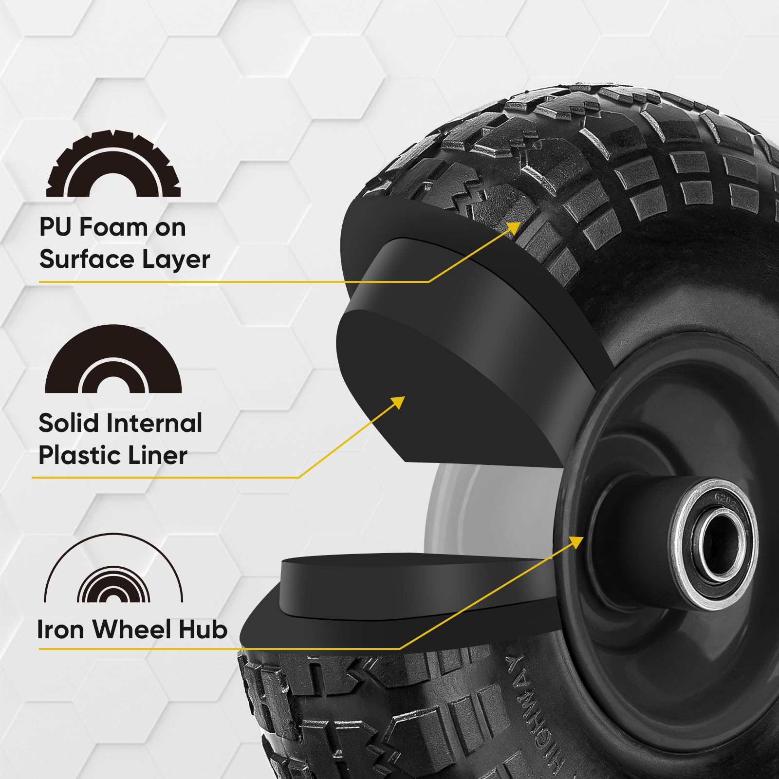 TICONN heavy-duty solid tire designed for rough terrain surfaces.