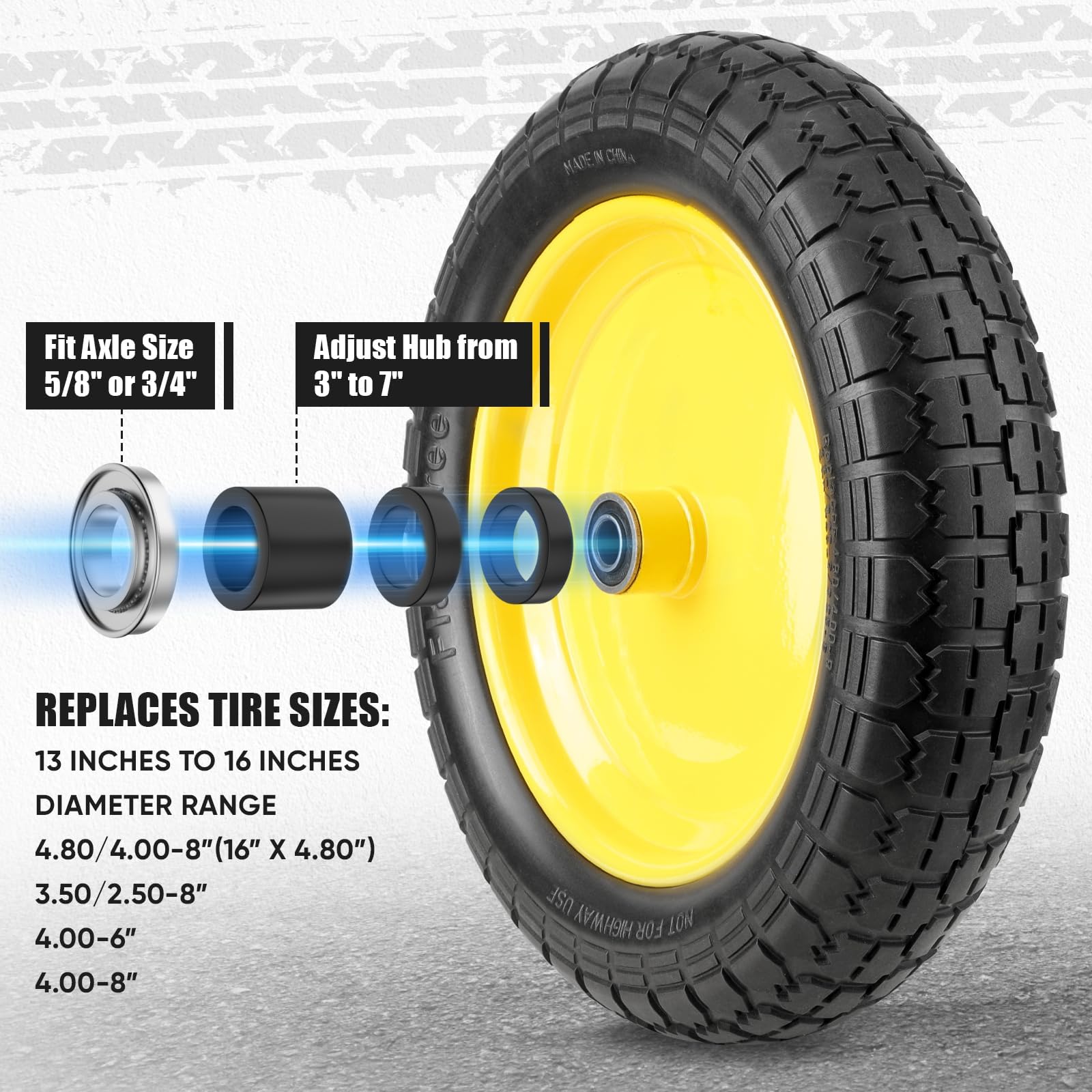 TICONN polyurethane tire close-up showing durable, puncture-resistant core.