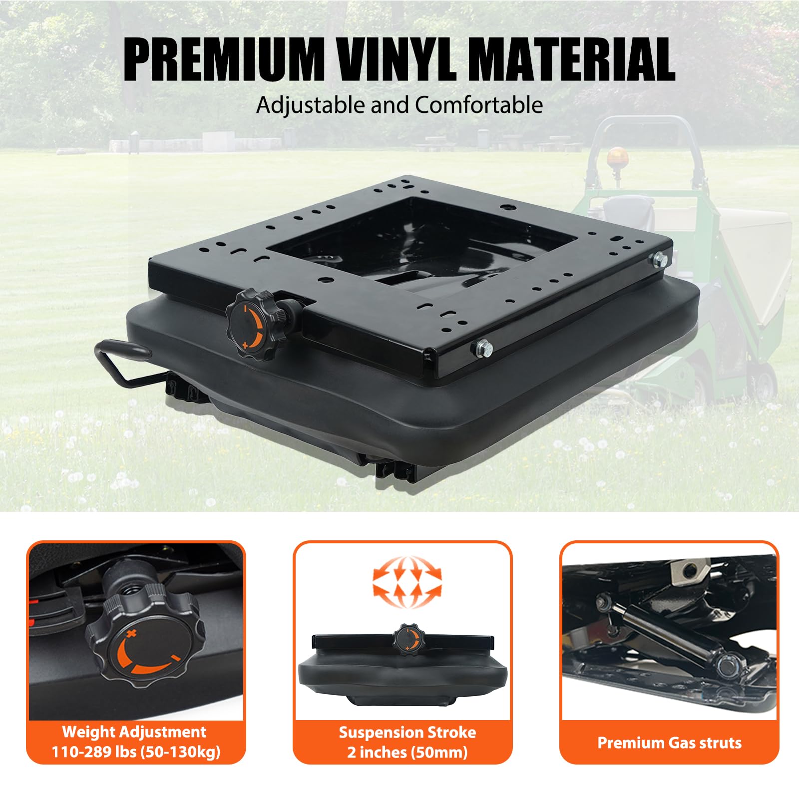 TICSEA suspension kit compatibility guide helps select seats for zero-turn mowers.