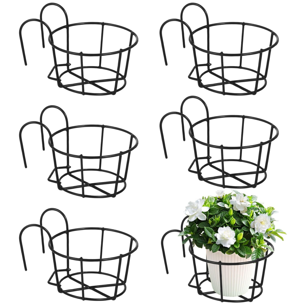 Tideme 6-piece round hanging railing planters add vibrant balcony greenery.
