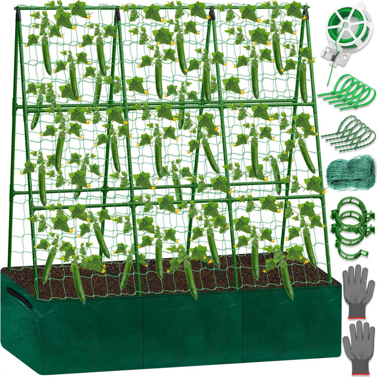 Tidponra cucumber trellis with A-frame supports vertical growth and airflow.