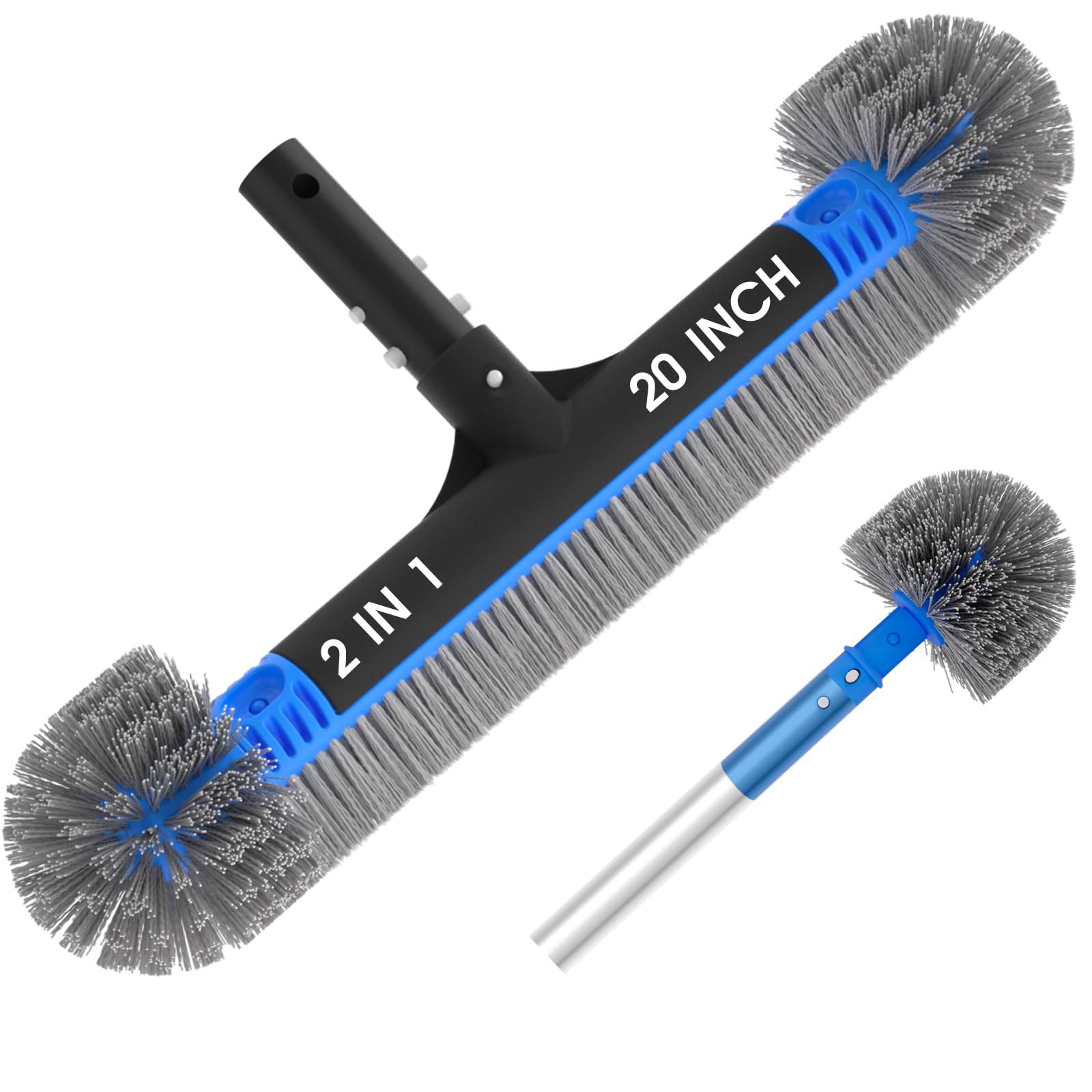 TidyMister 20-inch pool brush head widens the cleaning path for faster scrubbing.