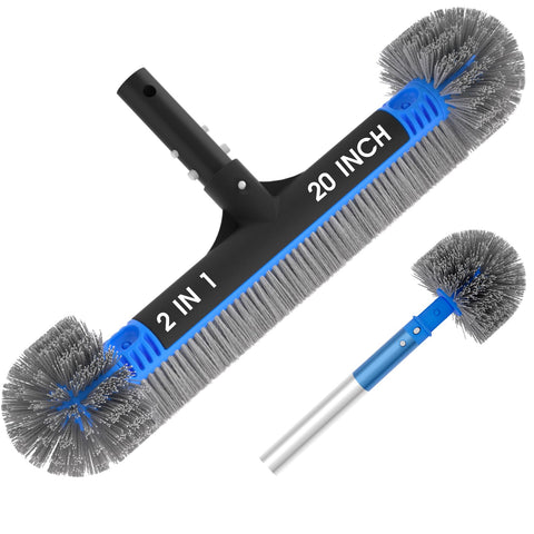 TidyMister 20-inch pool brush head widens the cleaning path for faster scrubbing.