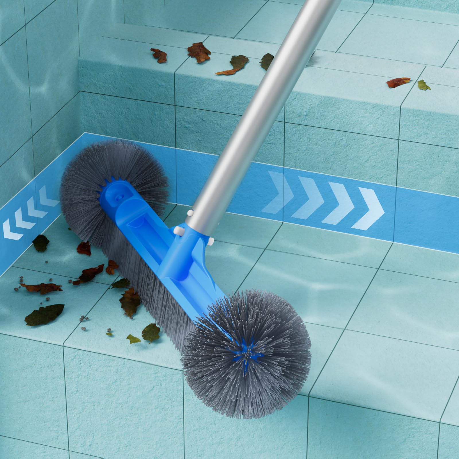 TidyMister side-wavy bristles scrub away stains on pool surfaces.
