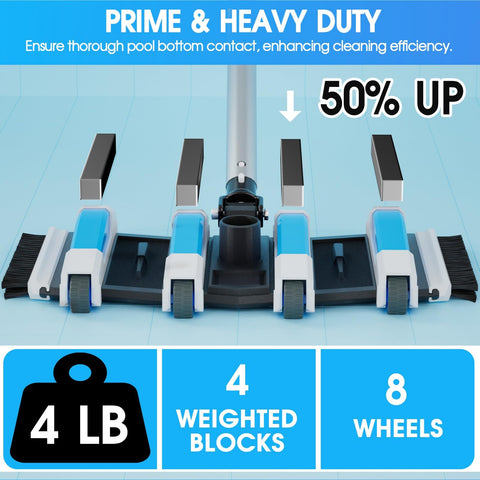 Tidymister extra-wide 4lb vacuum head delivering strong suction across pool floors.