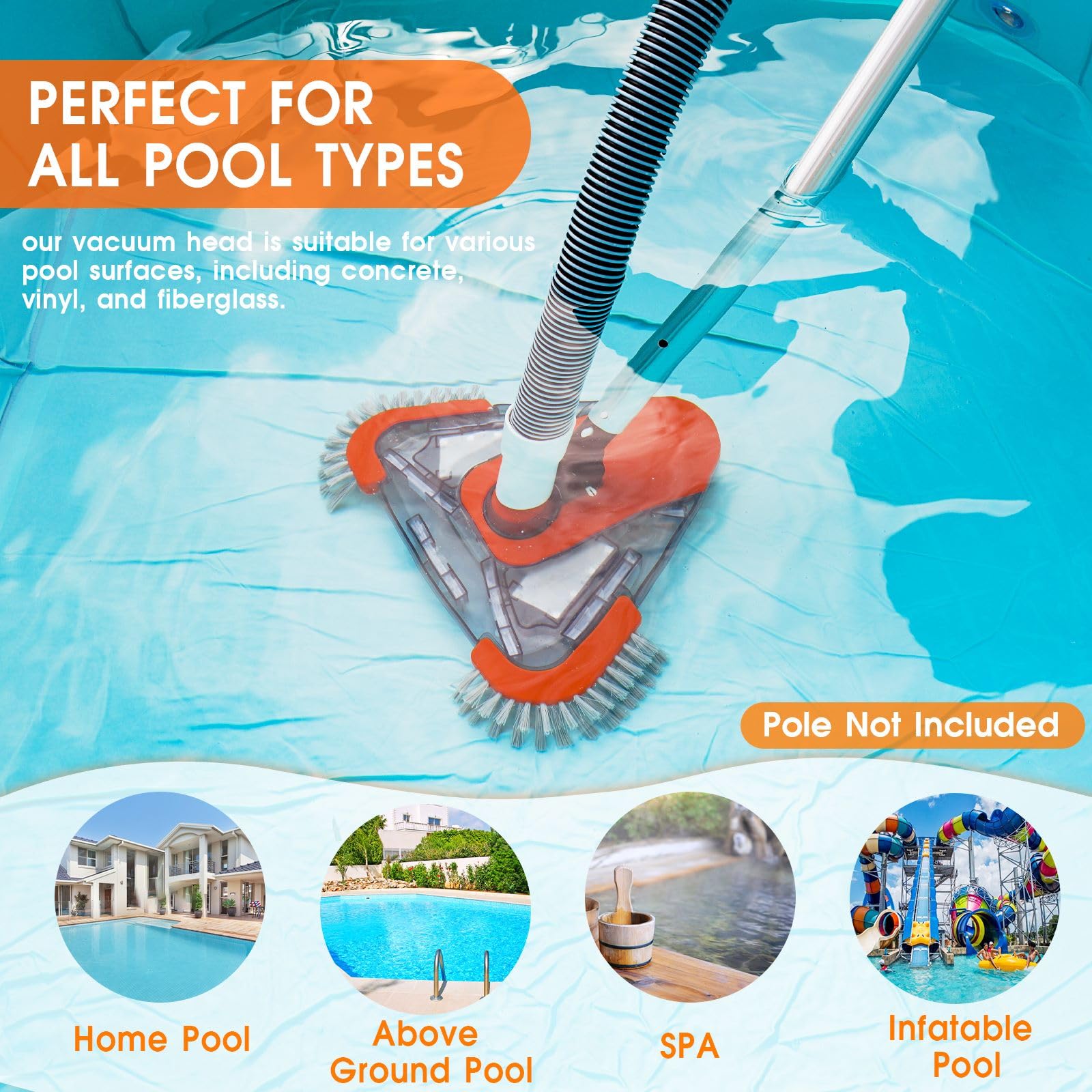TidyMister vacuum head works with standard hoses for inground and above-ground pools.