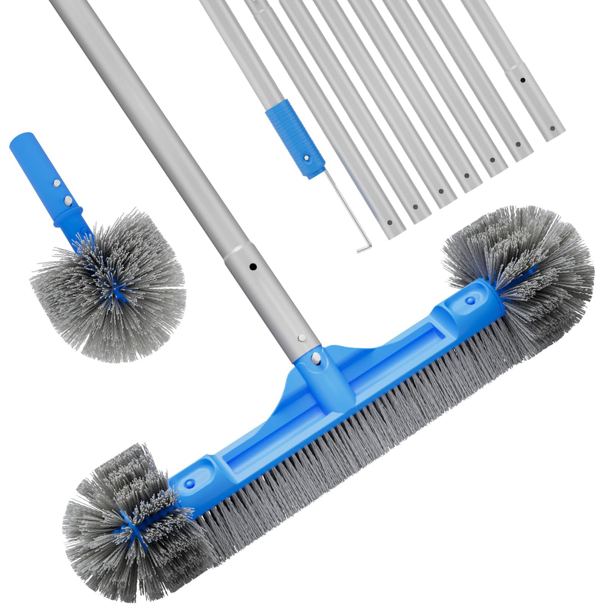 Tidymister pool brush main head cleans walls and floors with a wider 20-inch sweep.
