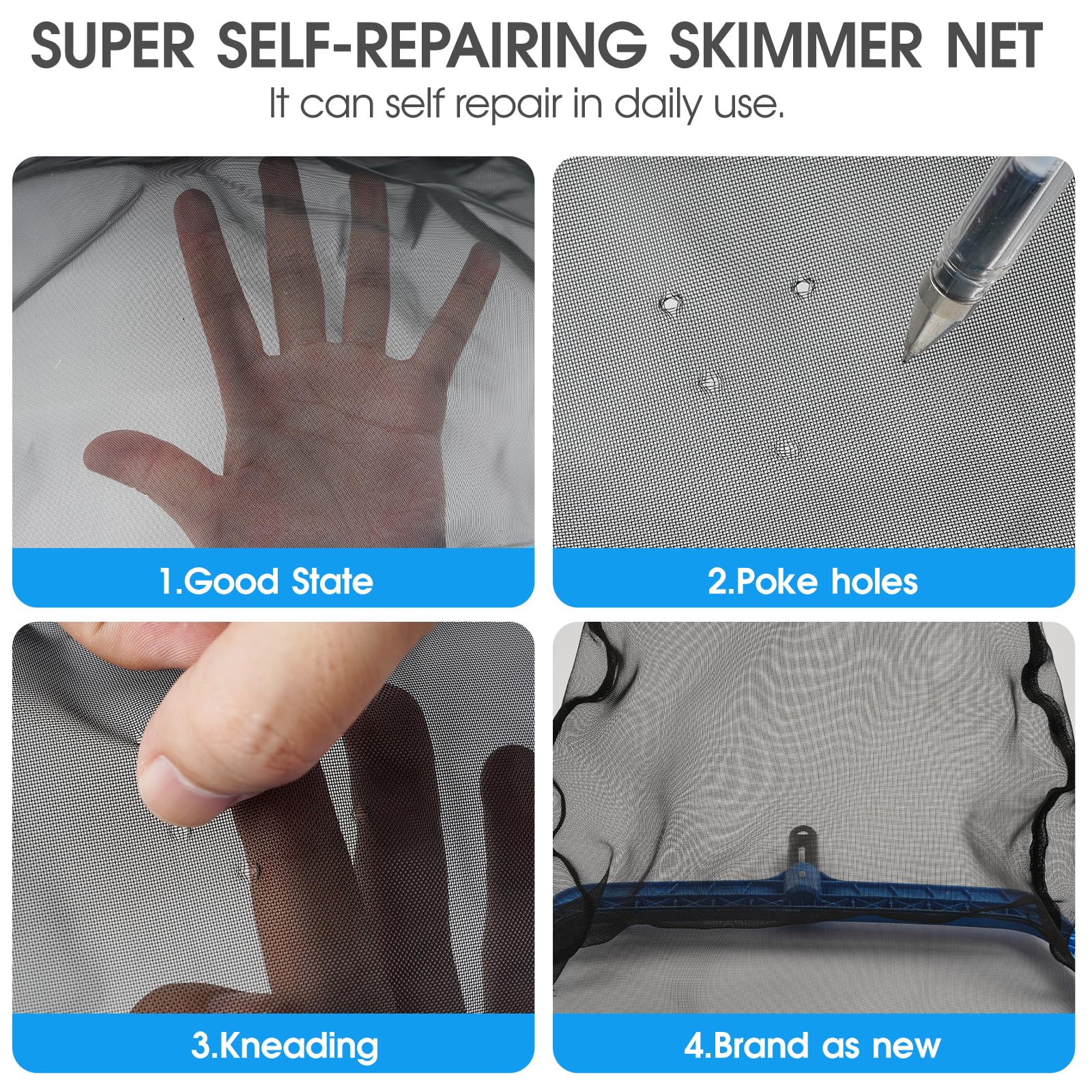 TidyMister Pool Skimmer Net reinforced frame keeps its shape during heavy debris cleaning.