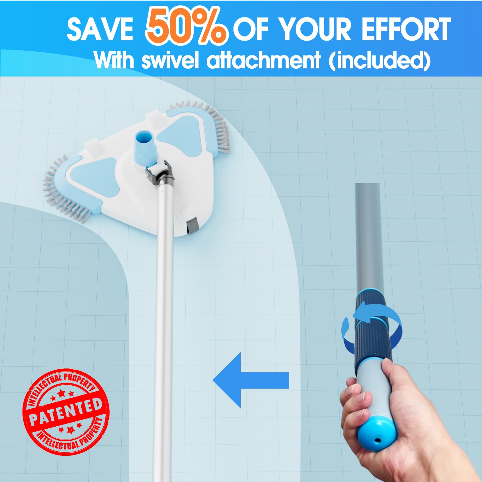 TidyMister pool vacuum head rotatable hose adapter helps navigate around obstacles.