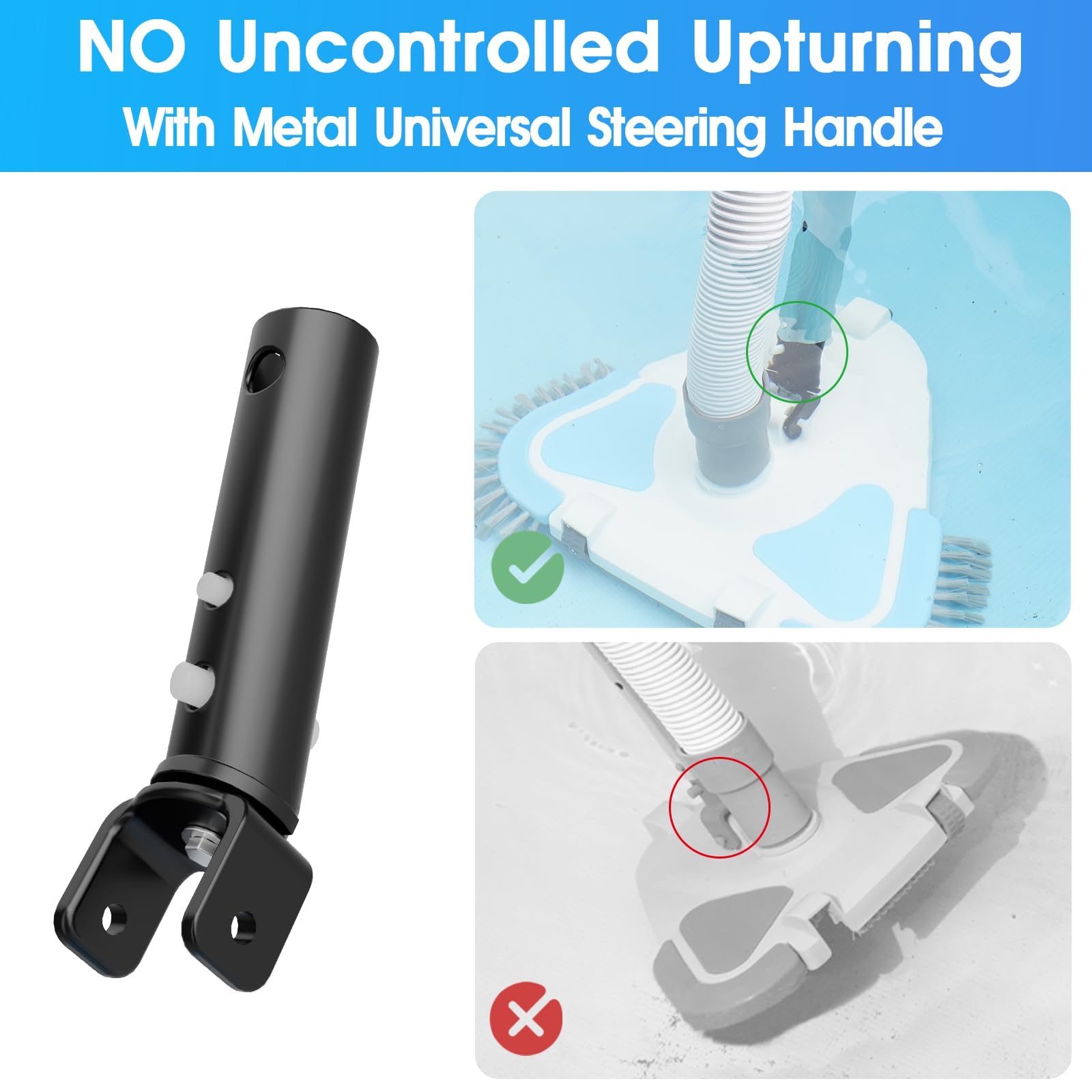 TidyMister pool vacuum head steering handle enables single-handed control.