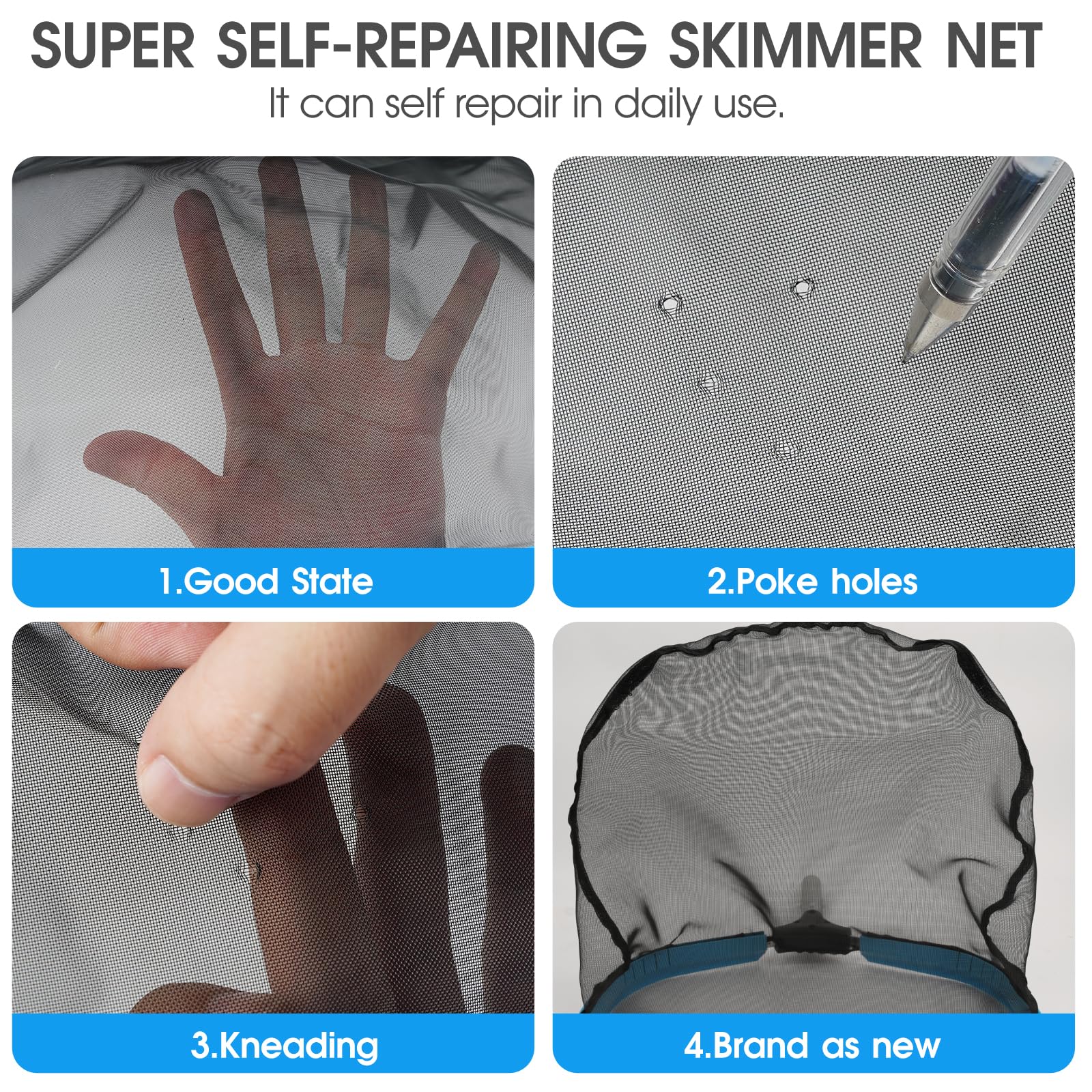 TidyMister reinforced handle pool net prevents bending during tougher debris removal
