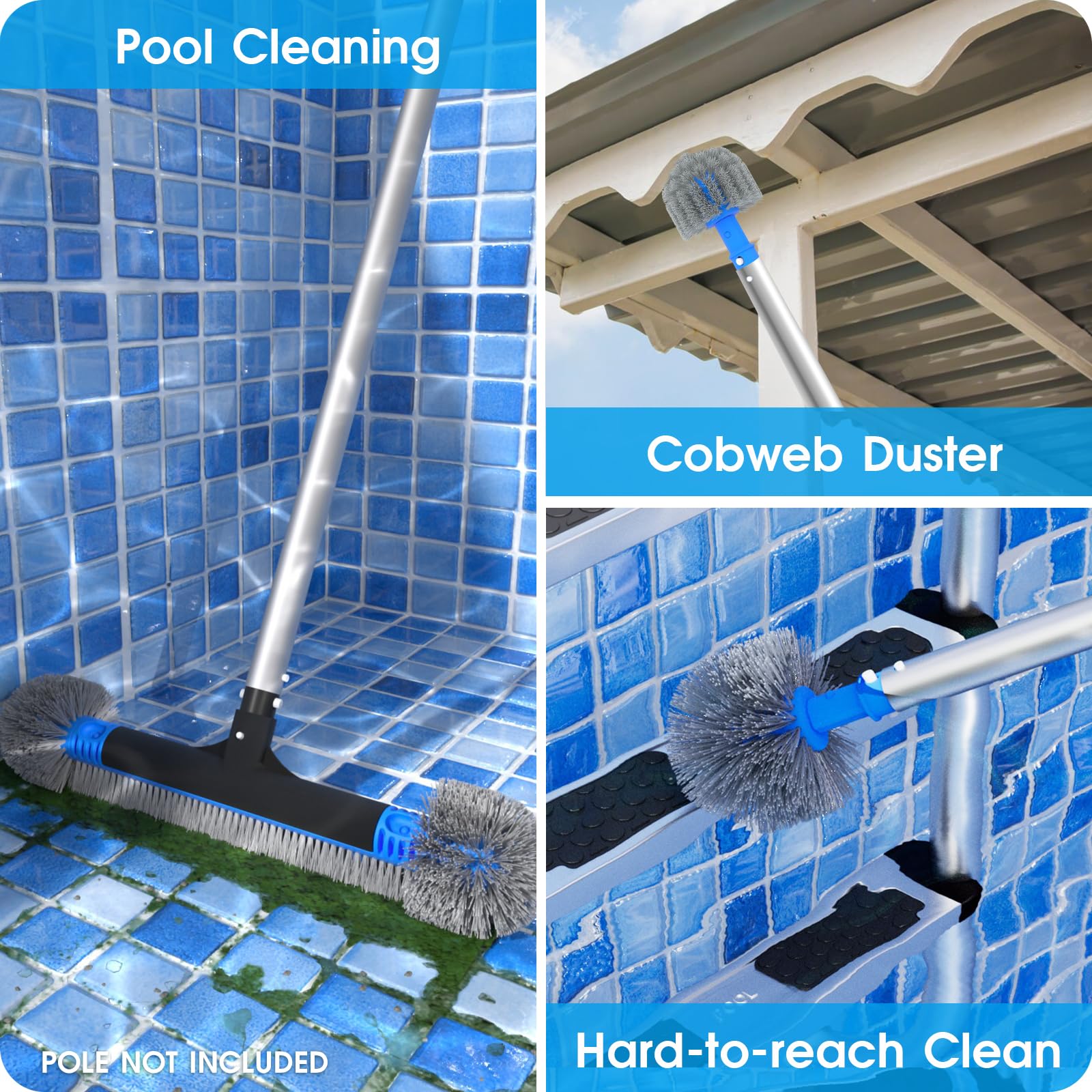 TidyMister round-end cobweb duster reaches corners and ceilings around the pool area.