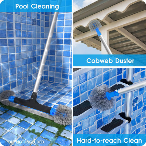TidyMister round-end cobweb duster reaches corners and ceilings around the pool area.