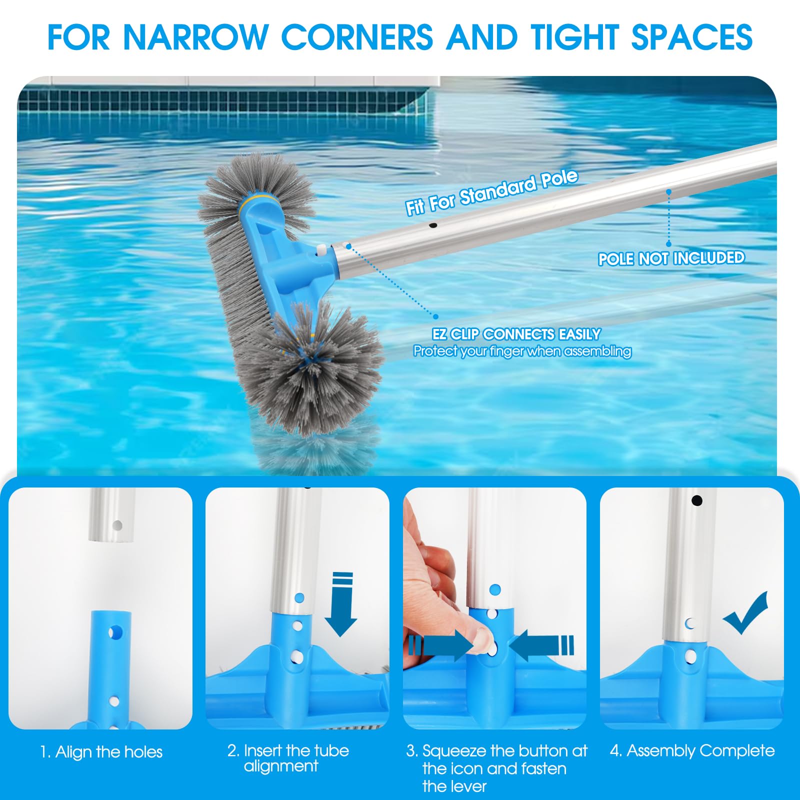 TidyMister round end pool brush head reaches narrow corners with ease.