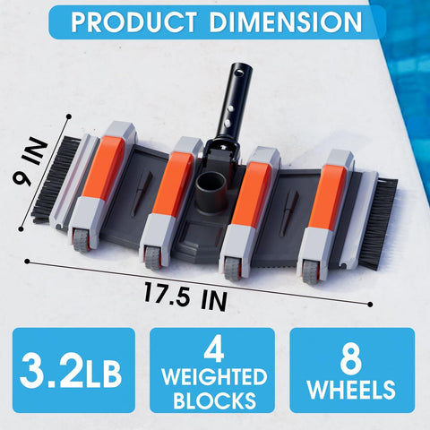 Tidymister vacuum head with non-slip wheels for smooth navigation on all pool surfaces.