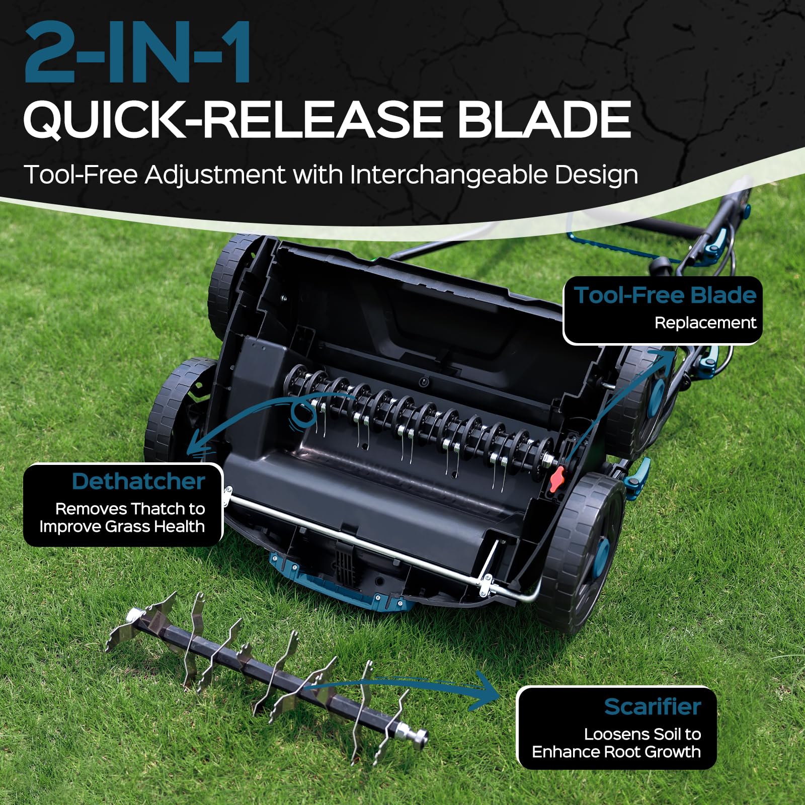 TIECTOWN 15A motor delivers strong power for efficient dethatching and scarifying tasks.
