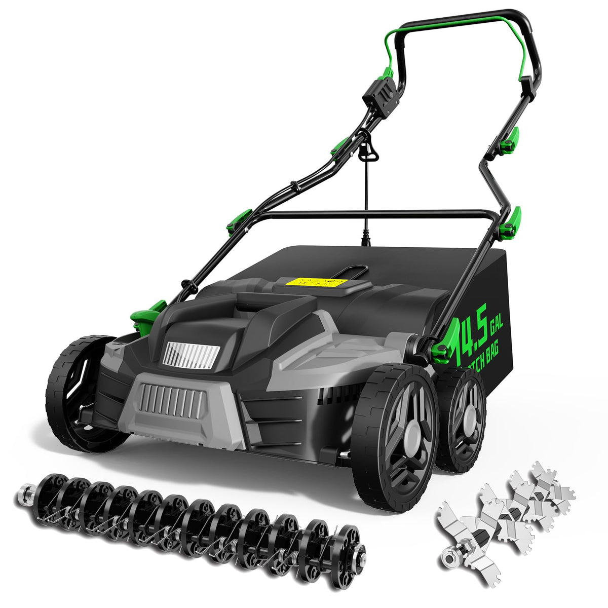 TIECTOWN 16 inch dethatcher front view showing wide rake for efficient lawn care