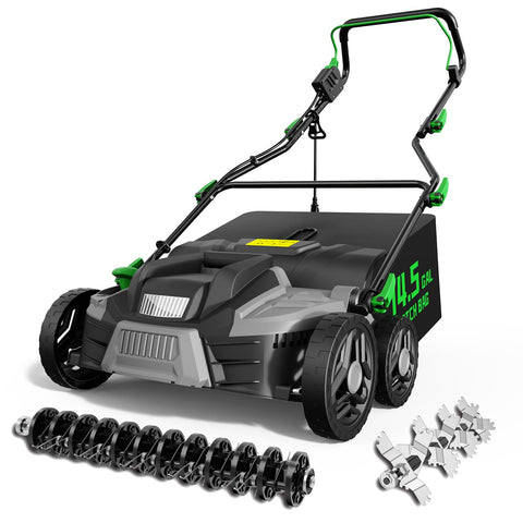 TIECTOWN 16 inch dethatcher front view showing wide rake for efficient lawn care