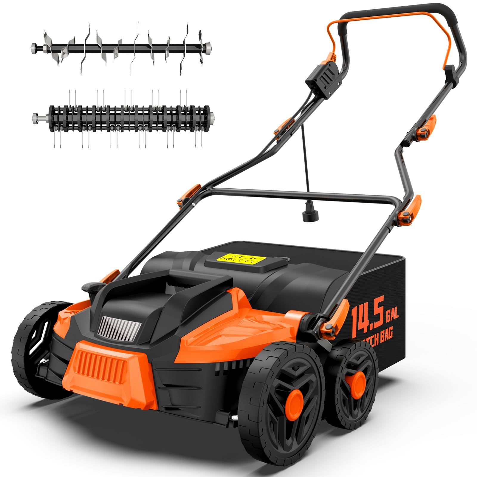 TIECTOWN 16-inch dethatcher with a 14.5-gallon bag for easy debris collection.