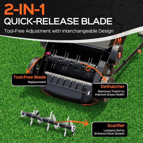 TIECTOWN depth adjustment lever enables precise dethatching and scarifying depths.
