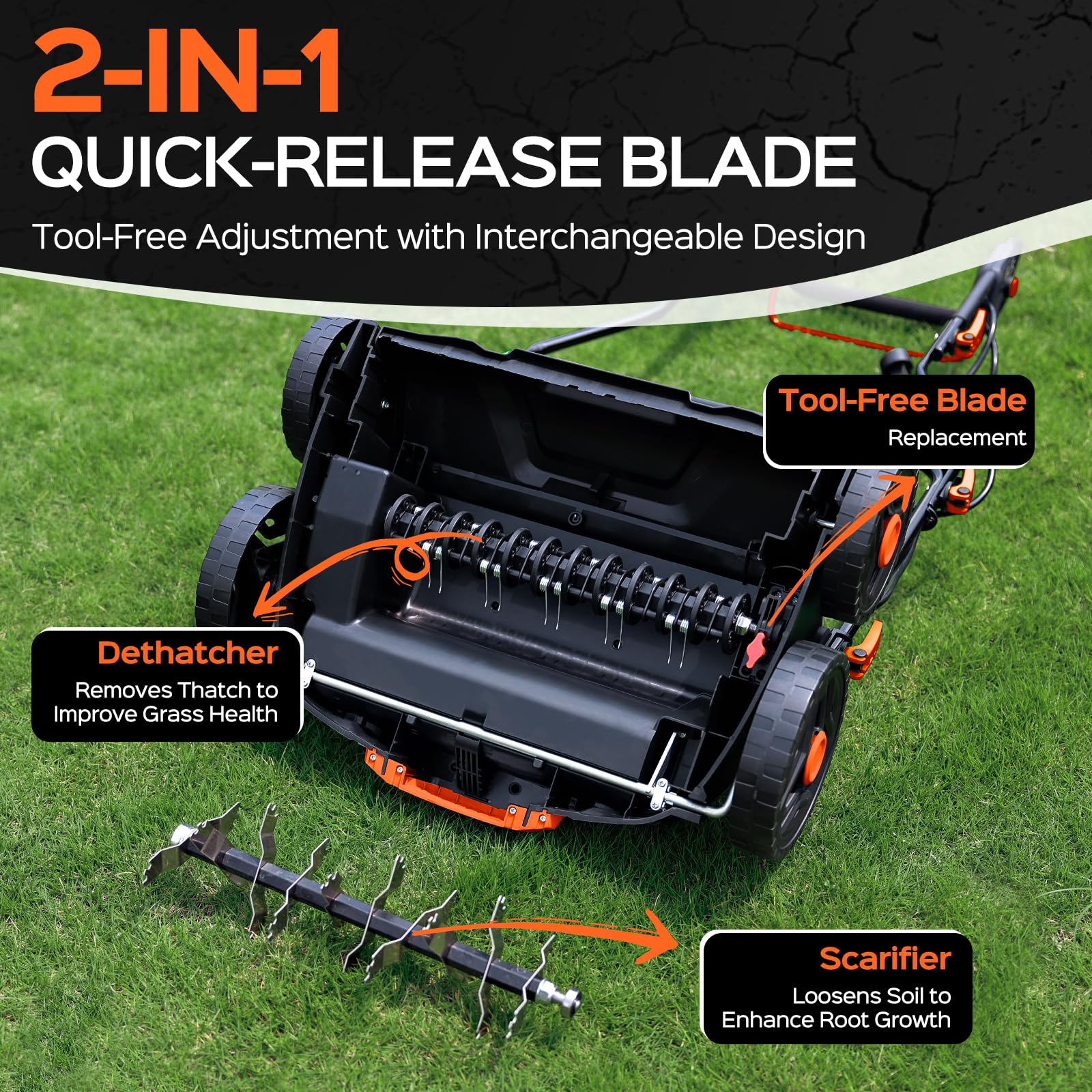 TIECTOWN depth-adjustment lever tailors dethatching and scarifying to your lawn's needs.