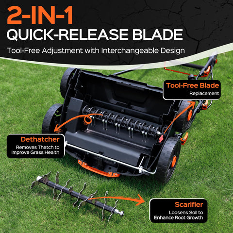 TIECTOWN depth-adjustment lever tailors dethatching and scarifying to your lawn's needs.
