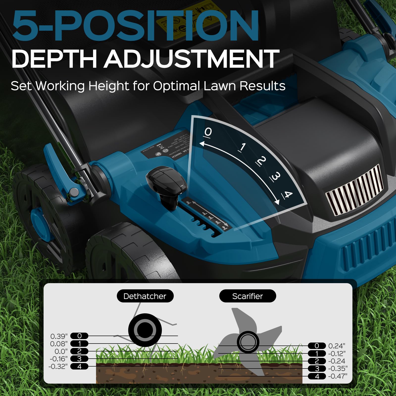 TIECTOWN depth-lever with five positions for tailored soil and turf depth.