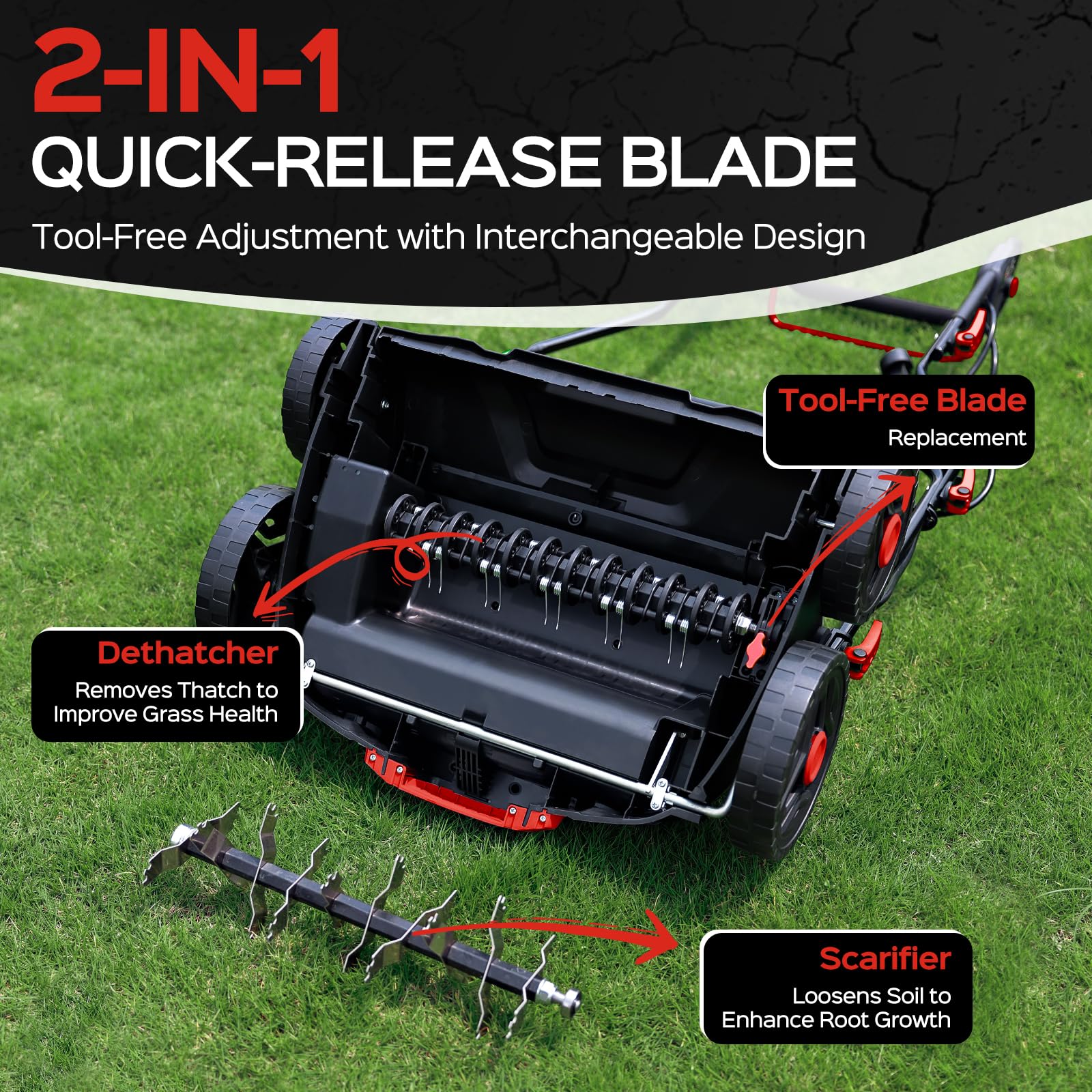 TIECTOWN folding handle demonstrates easy storage after mowing sessions.