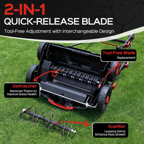 TIECTOWN folding handle demonstrates easy storage after mowing sessions.