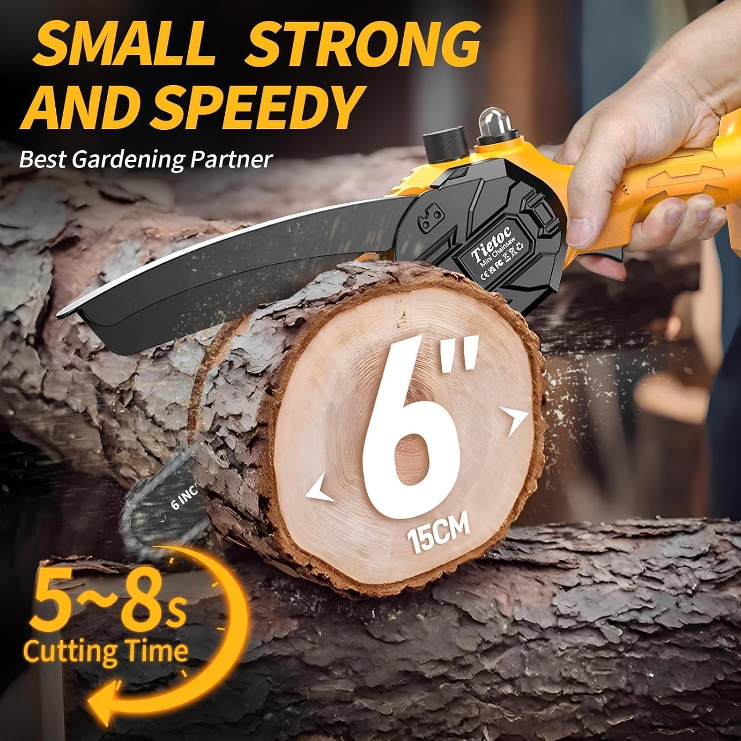 Tietoc 6-inch chain and bar close-up for precise wood cutting.