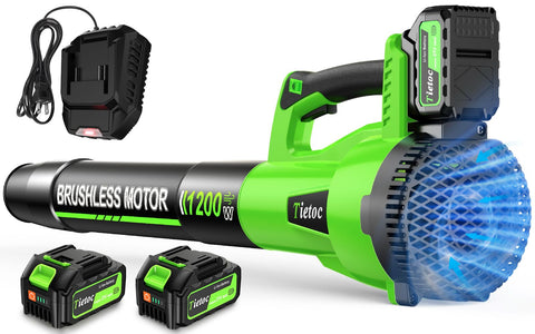 Tietoc cordless leaf blower 1200W in action delivering powerful airflow for quick yard cleanup.