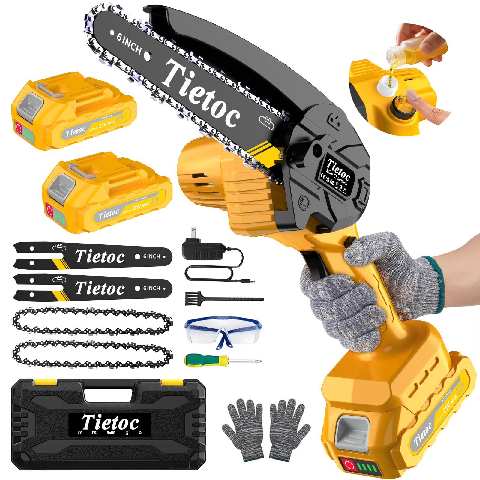 Tietoc mini cordless chainsaw with dual batteries ready for fast garden pruning.