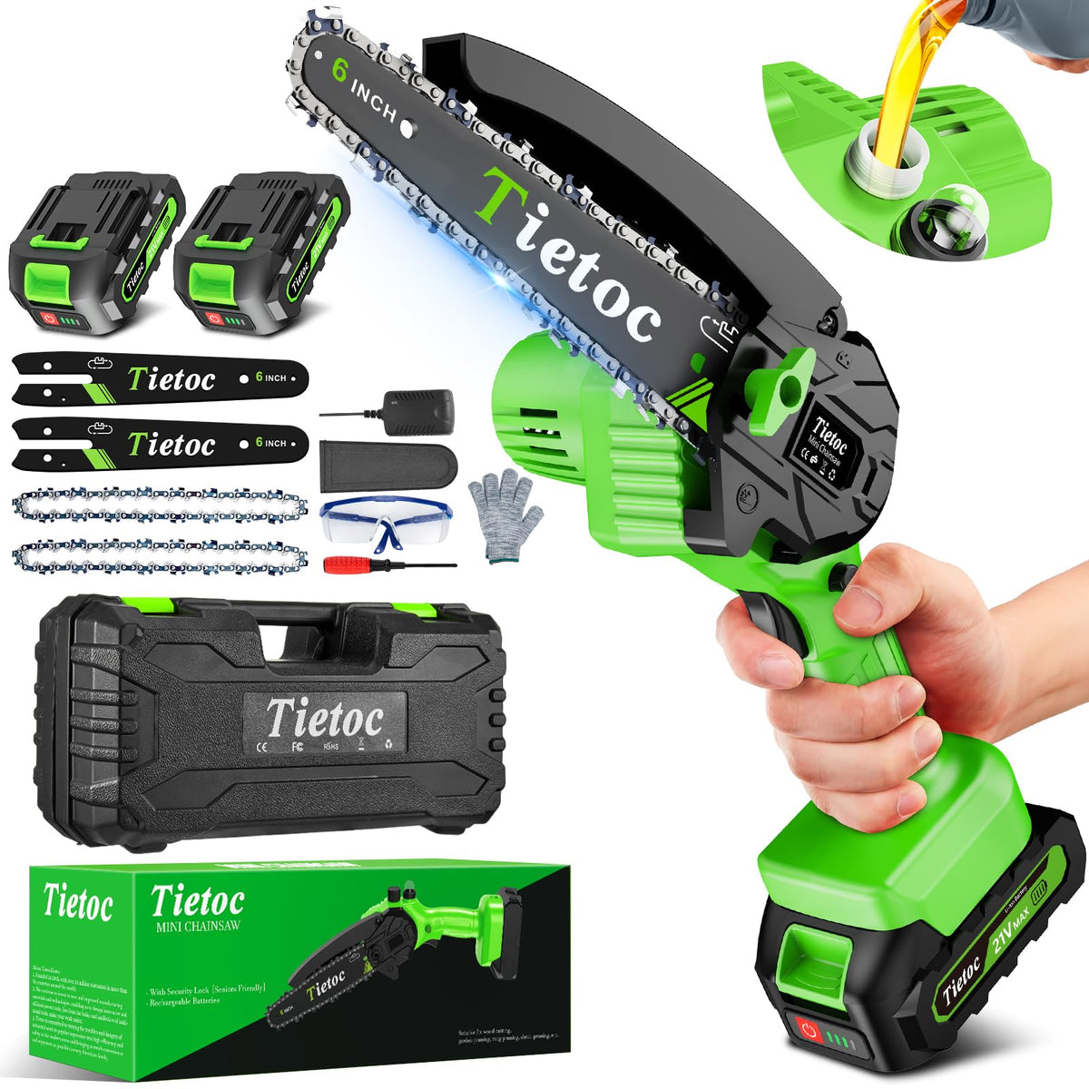 Tietoc mini chainsaw in action cutting a 6-inch branch with precision for garden tasks