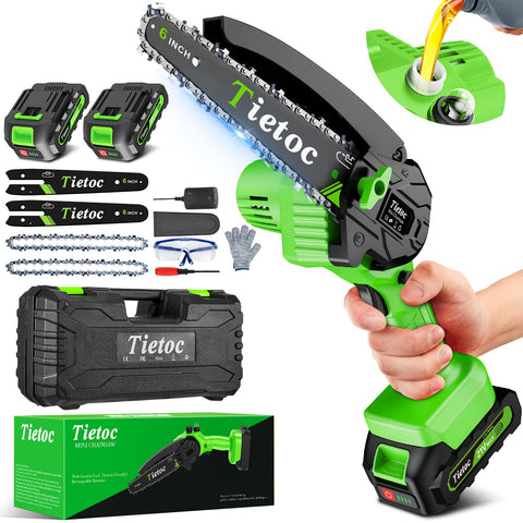 Tietoc mini chainsaw in action cutting a 6-inch branch with precision for garden tasks