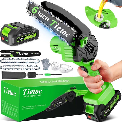 Tietoc mini chainsaw showing 6-inch cutting power for garden pruning.