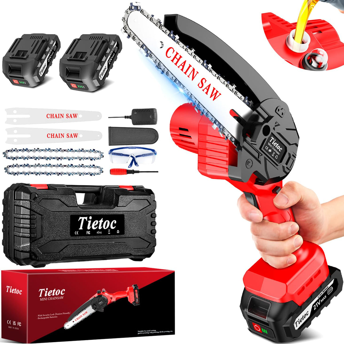 Tietoc mini chainsaw in use trimming a branch quickly and safely