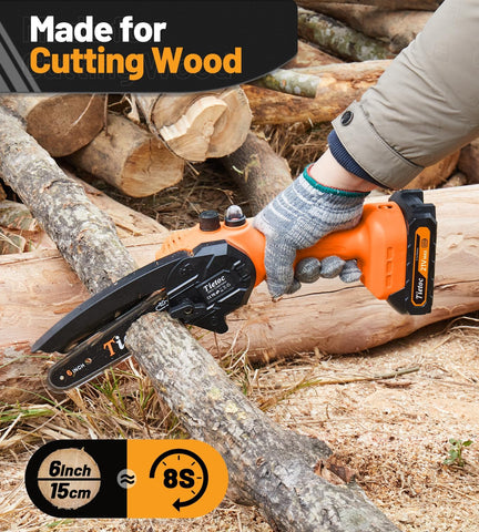 Tietoc mini chainsaw 6in with dual batteries for extended cordless use.