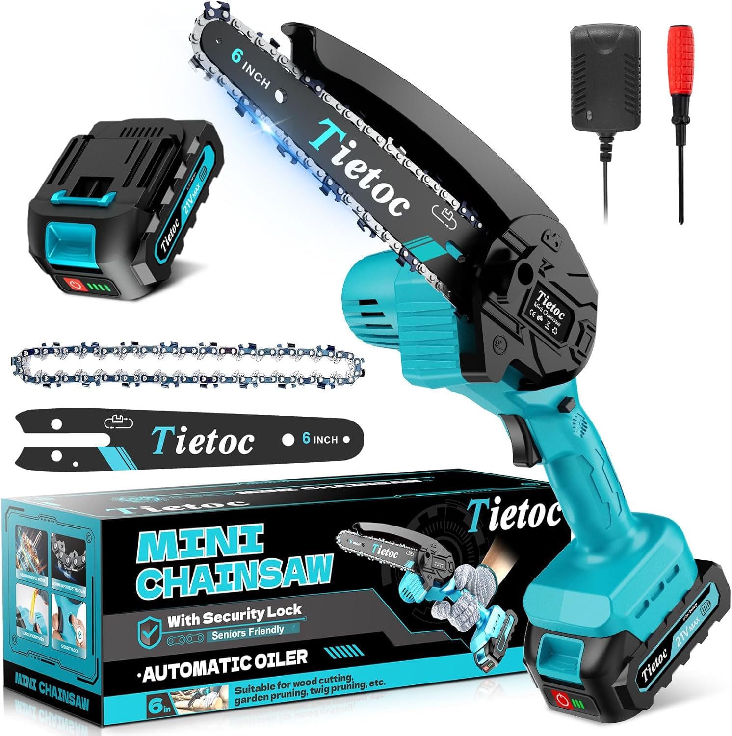 Tietoc mini chainsaw performing a 6in cut for quick pruning