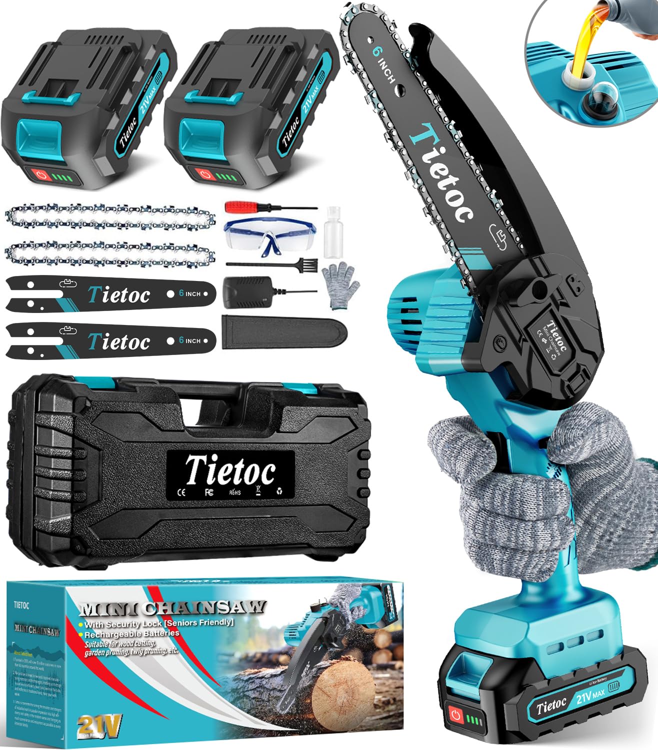 Tietoc mini chainsaw cutting a branch in a garden, cordless for quick pruning