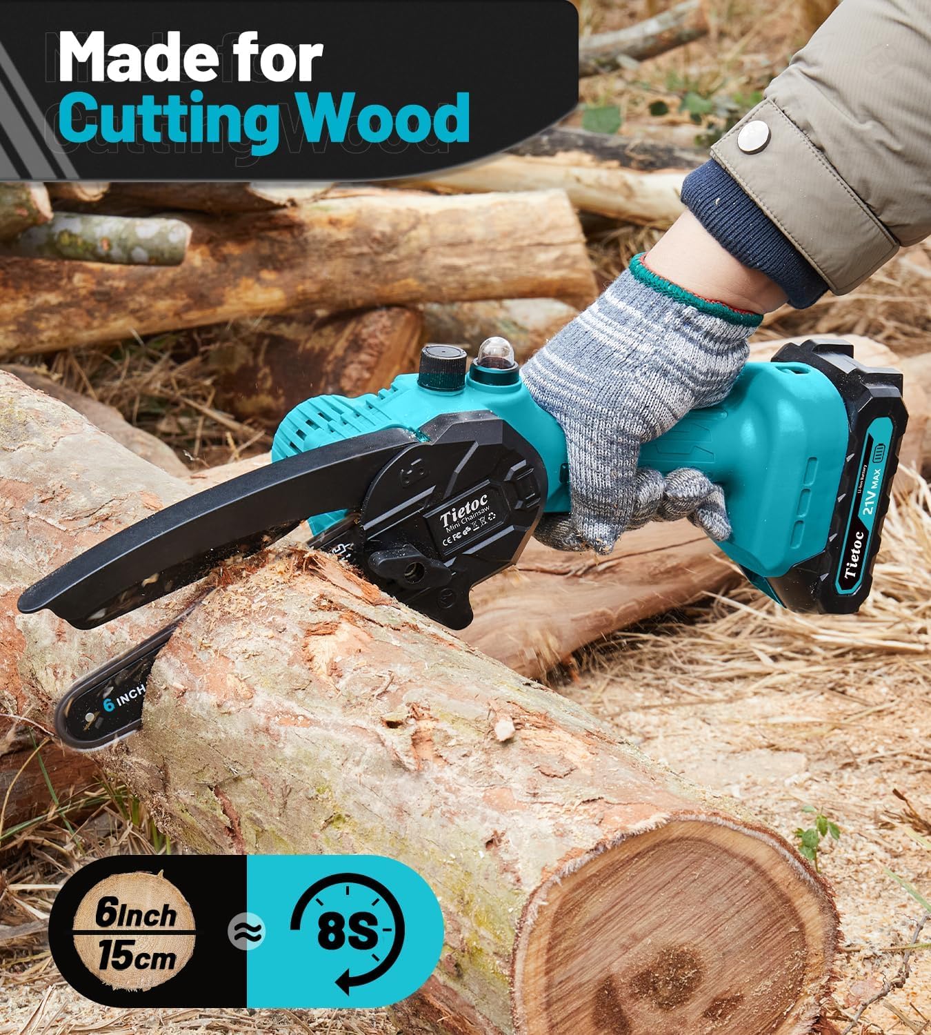 Tietoc mini chainsaw auto-oiler system shown during cutting to reduce friction