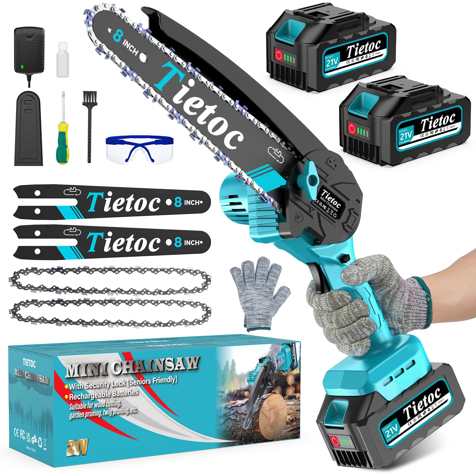 Tietoc cordless chainsaw in garden setting ideal for yard cleanup and DIY projects