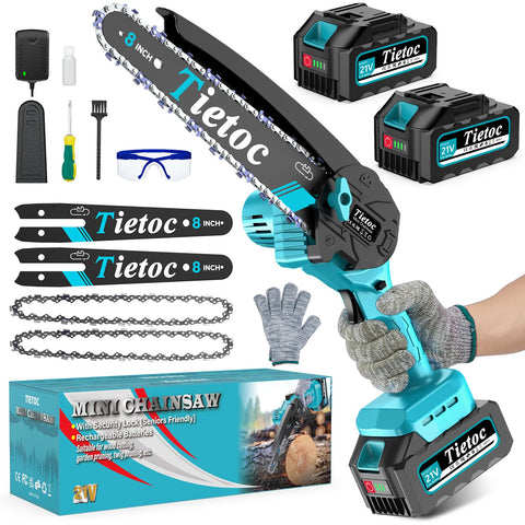 Tietoc cordless chainsaw in garden setting ideal for yard cleanup and DIY projects